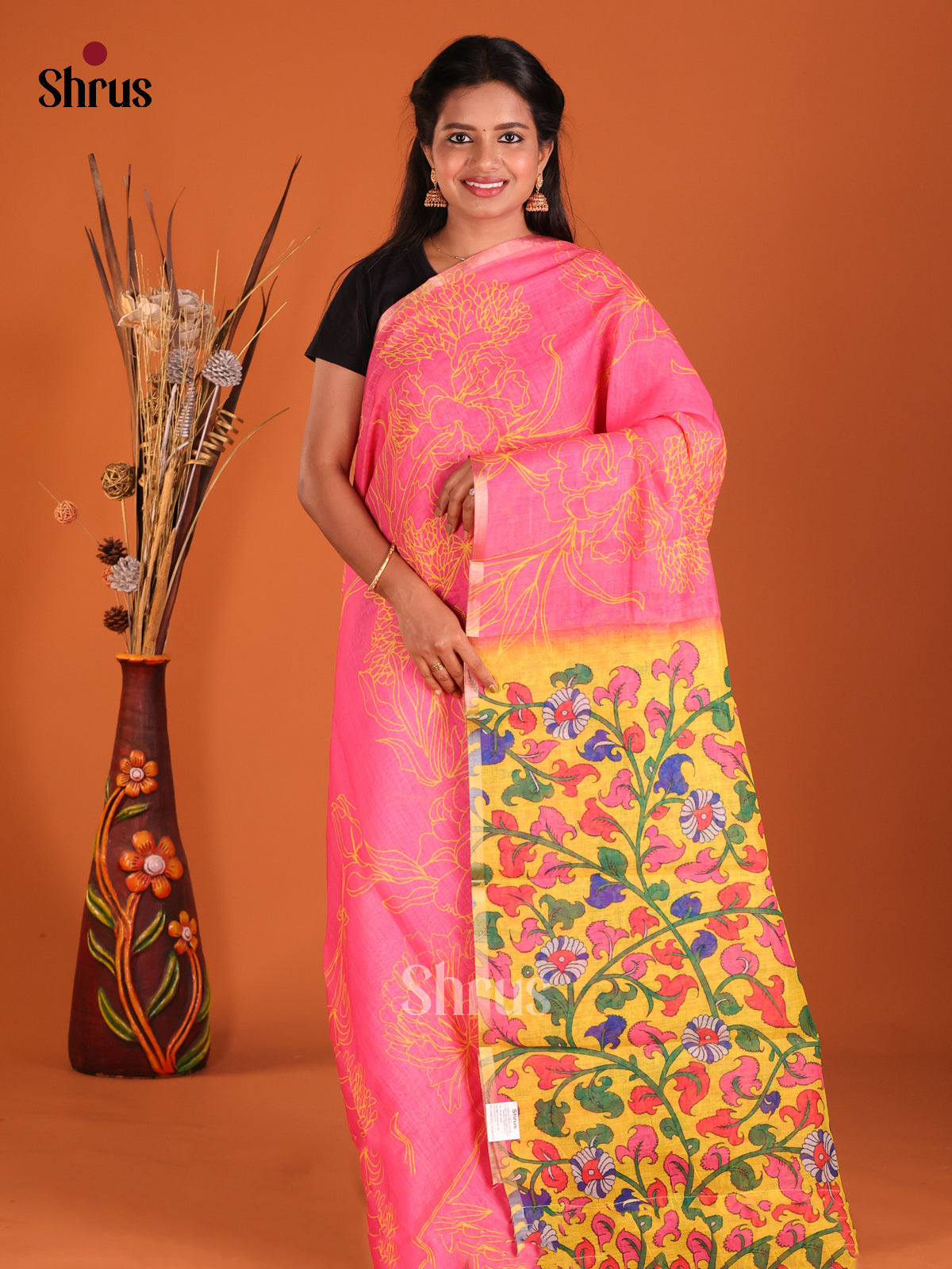 Pink & Yellow - Linen Cotton Saree - Shop on Shrus.com
