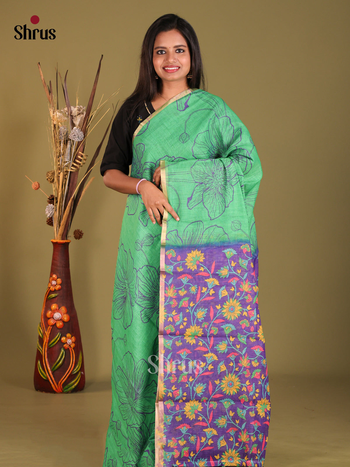 Green & Purple - Linen Cotton Saree - Shop on Shrus.com