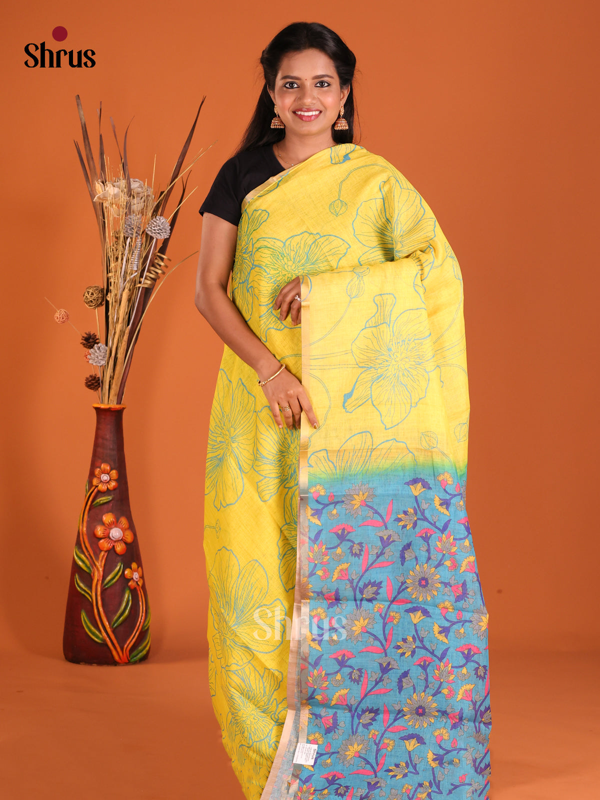 Yellow & Blue - Linen Cotton Saree - Shop on Shrus.com