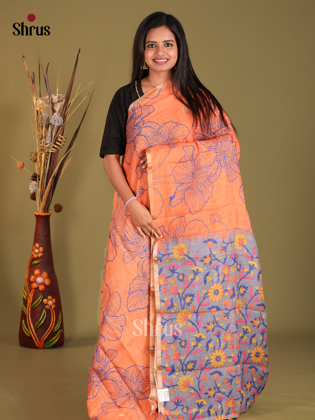 Orange & Grey - Linen Cotton Saree