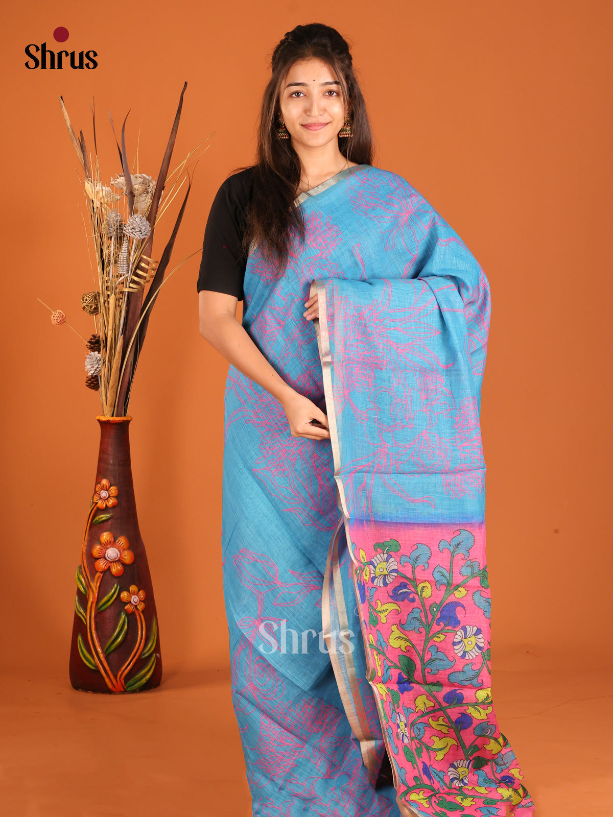 Blue & Pink - Linen Cotton Saree