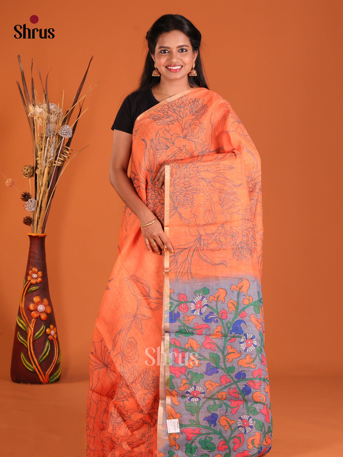 Orange & Grey - Linen Cotton Saree - Shop on Shrus.com