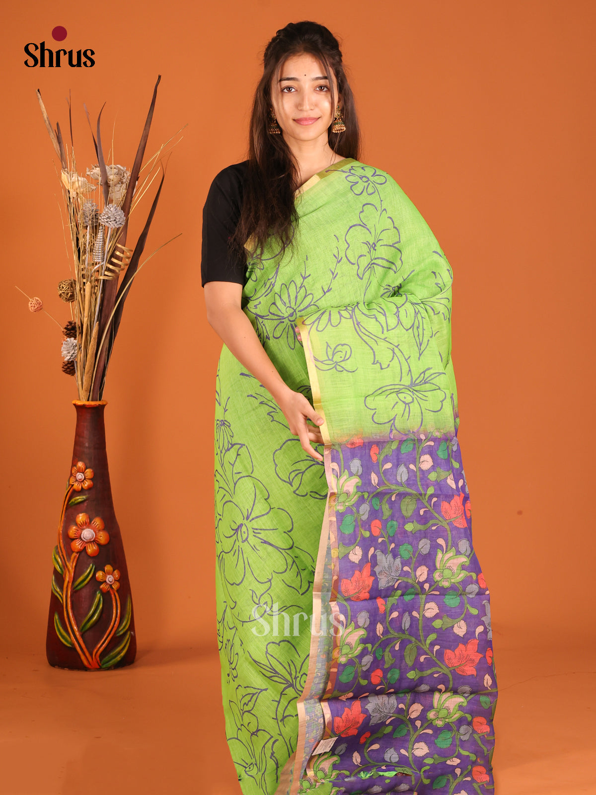 Green & Purple - Linen Cotton Saree - Shop on Shrus.com