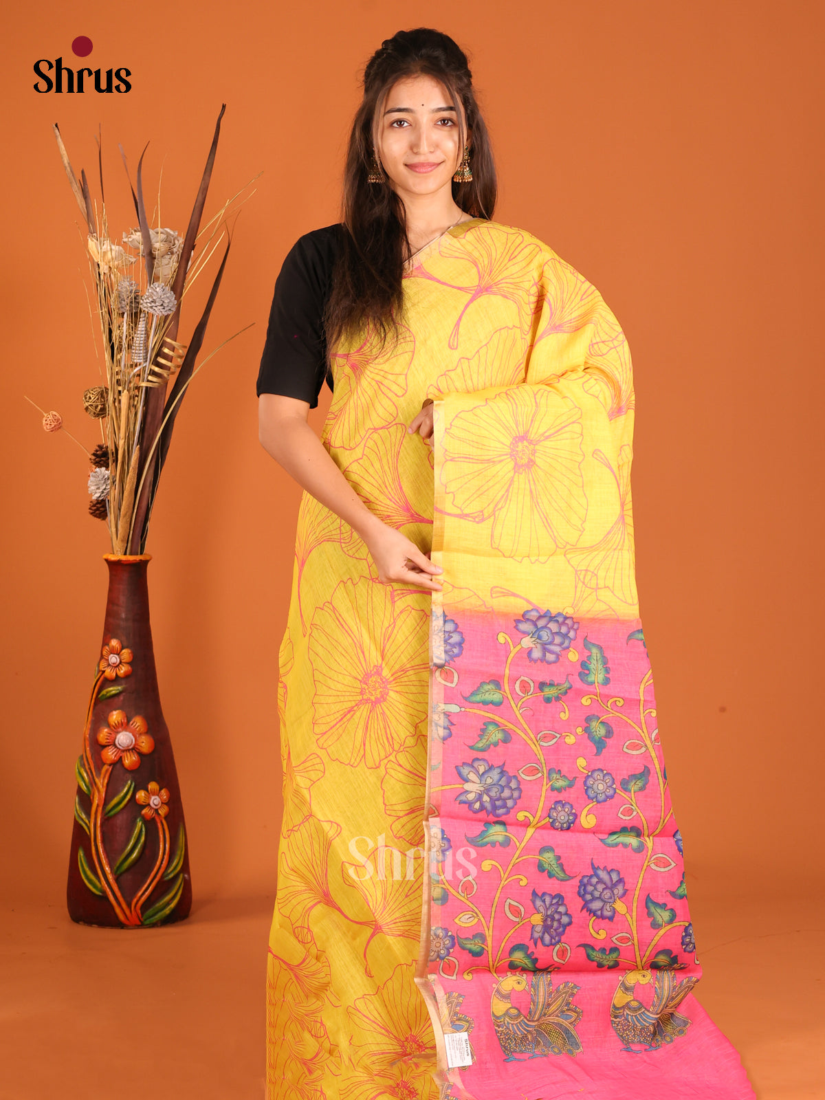 Yellow & Pink - Linen Cotton Saree - Shop on Shrus.com