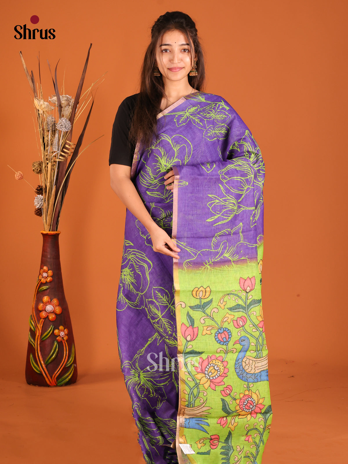 Purple & Green - Linen Cotton Saree - Shop on Shrus.com
