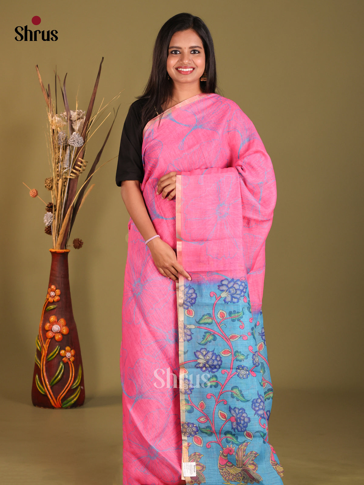 Pink & Blue - Linen Cotton Saree - Shop on Shrus.com