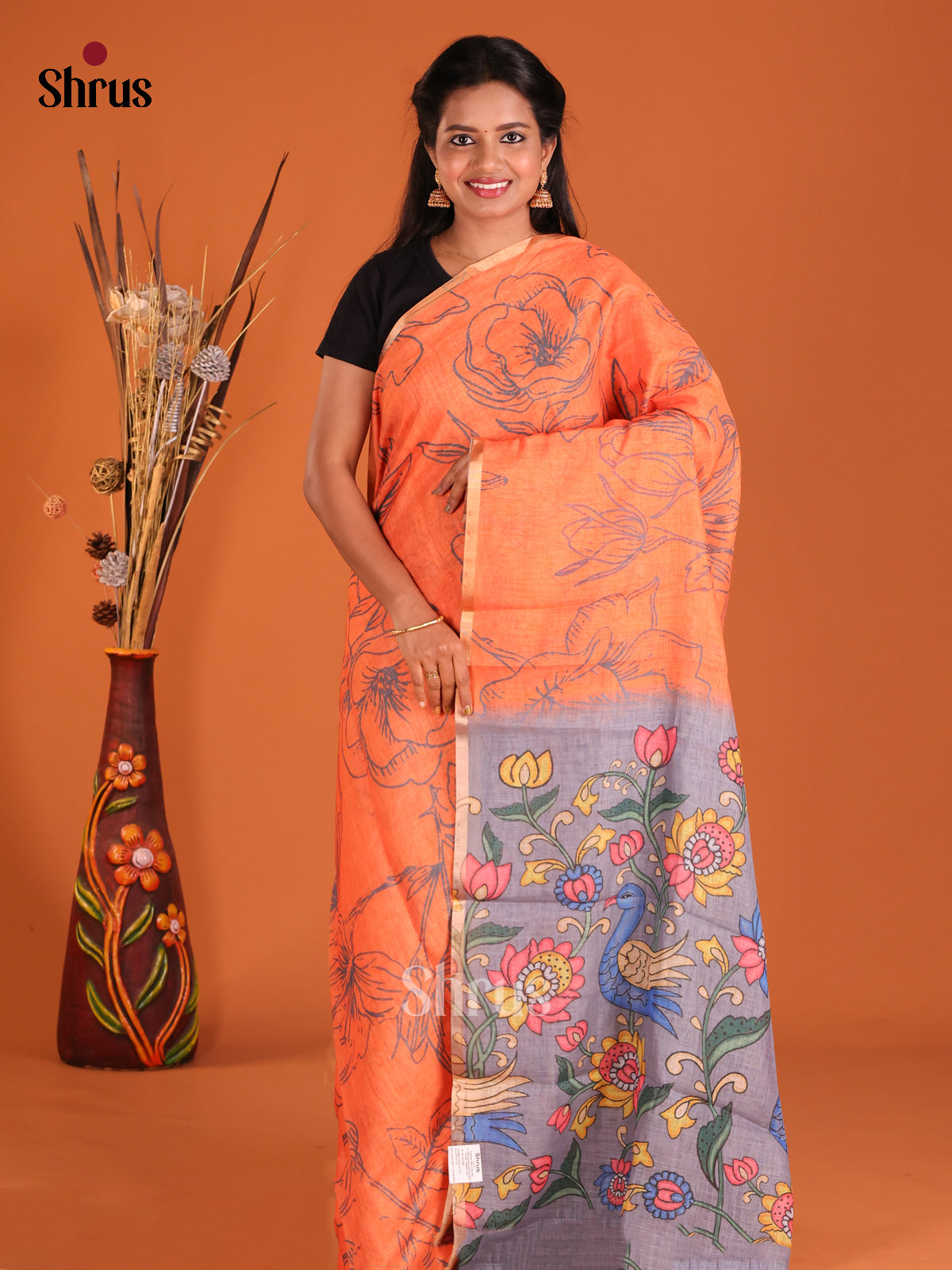 Orange & Grey- Linen Cotton Saree - Shop on Shrus.com