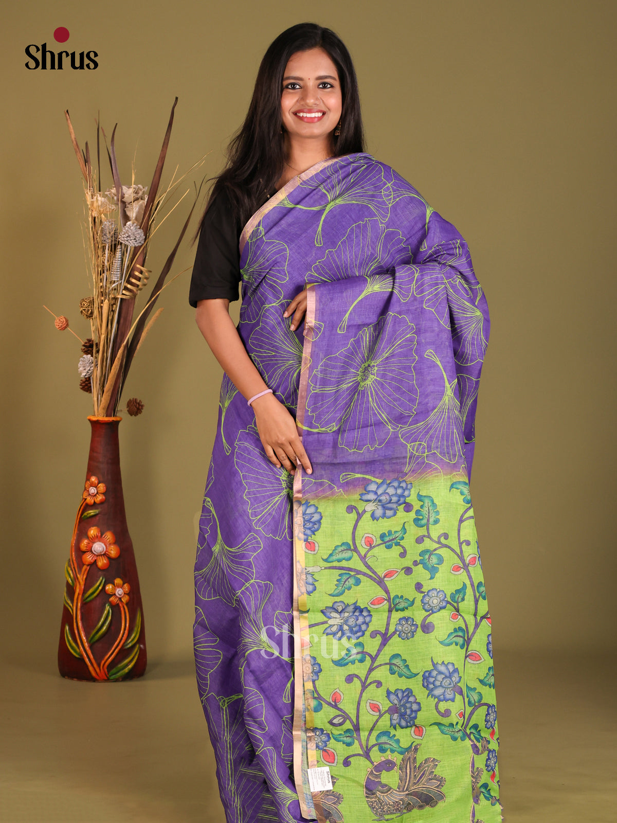 Purple & Green - Linen Cotton Saree - Shop on Shrus.com