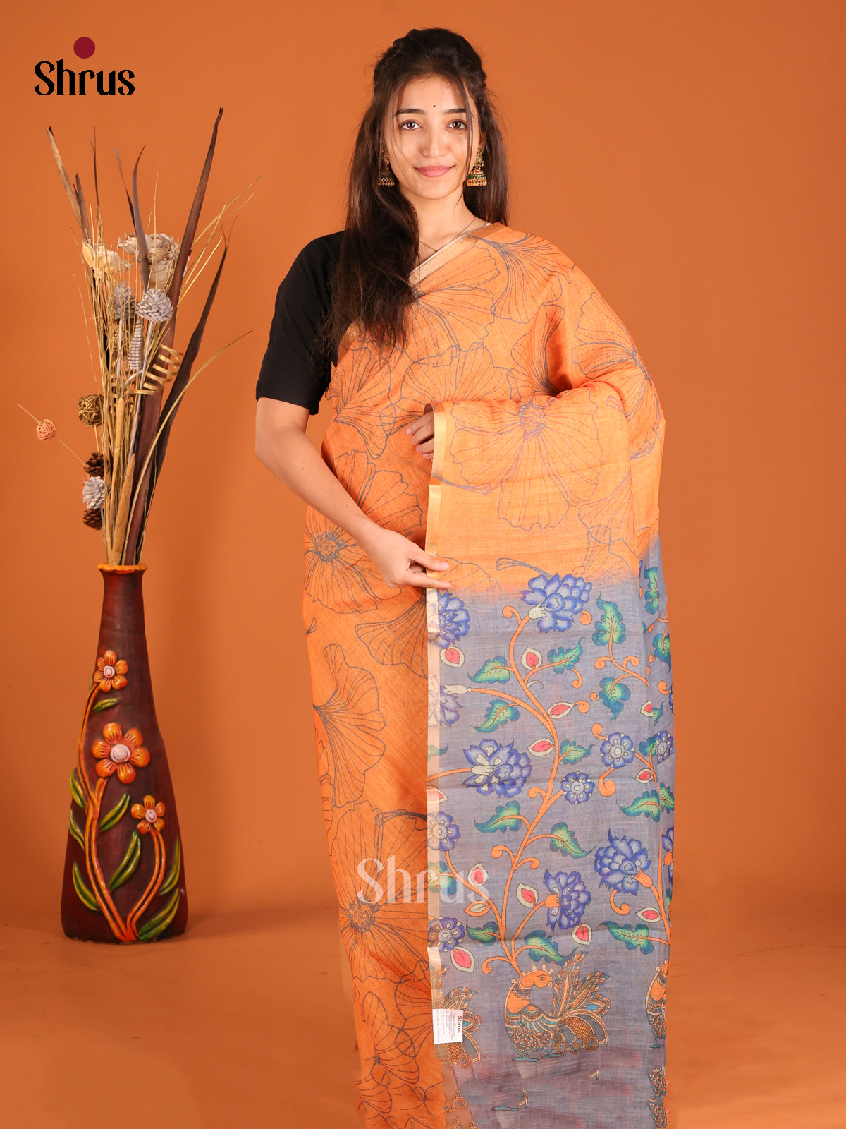 Orange & Grey - Linen Cotton Saree - Shop on Shrus.com