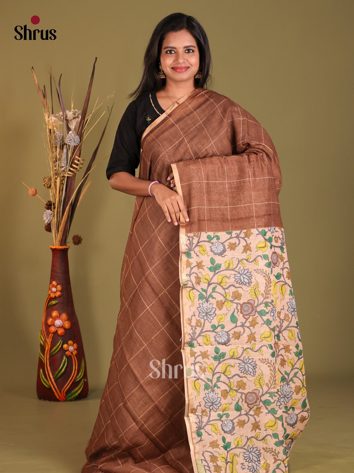 Brown & Cream - Linen Cotton Saree