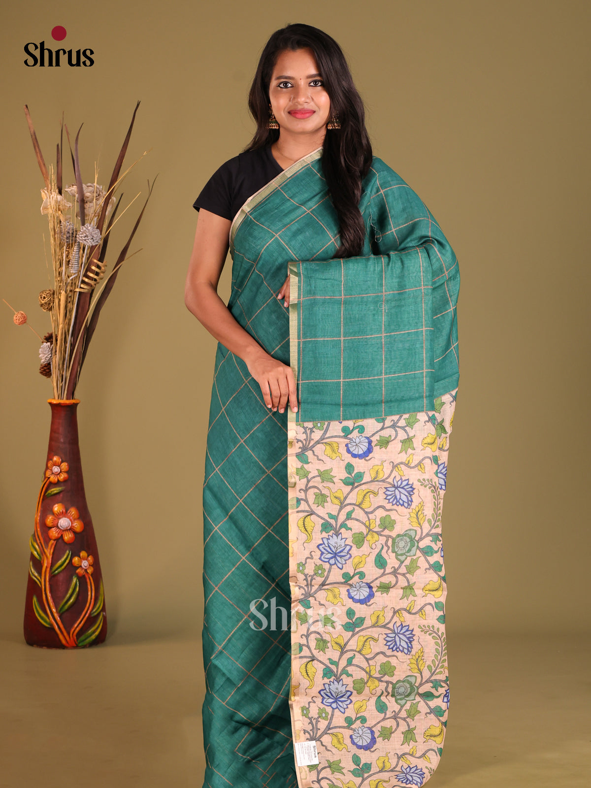 Green & Cream - Linen Cotton Saree
