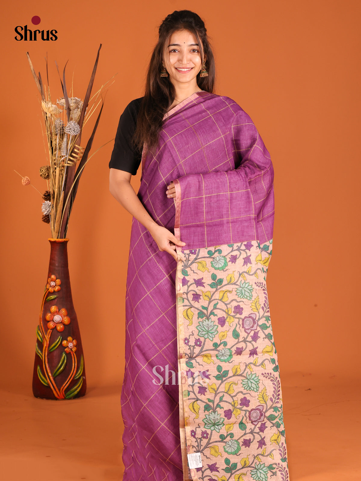 Purple & Cream- Linen Cotton Saree - Shop on Shrus.com