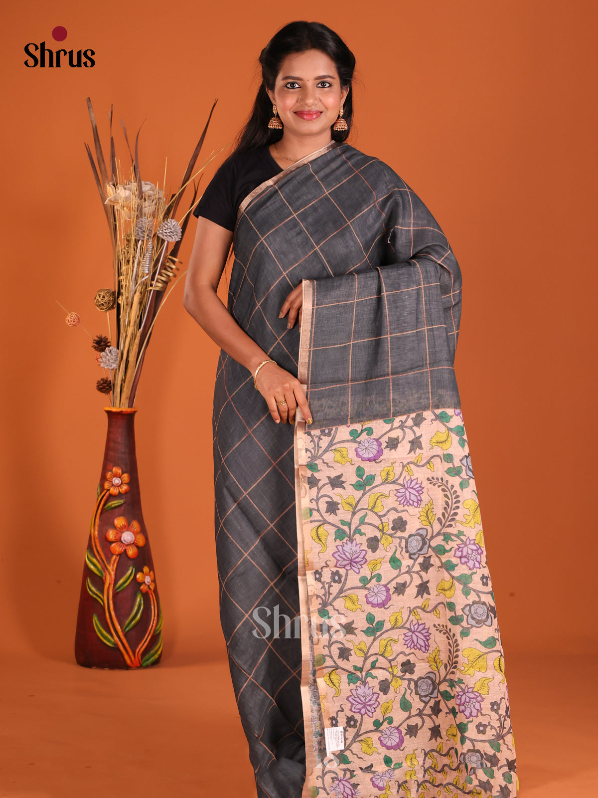 Black & Mild Pink - Linen Cotton Saree