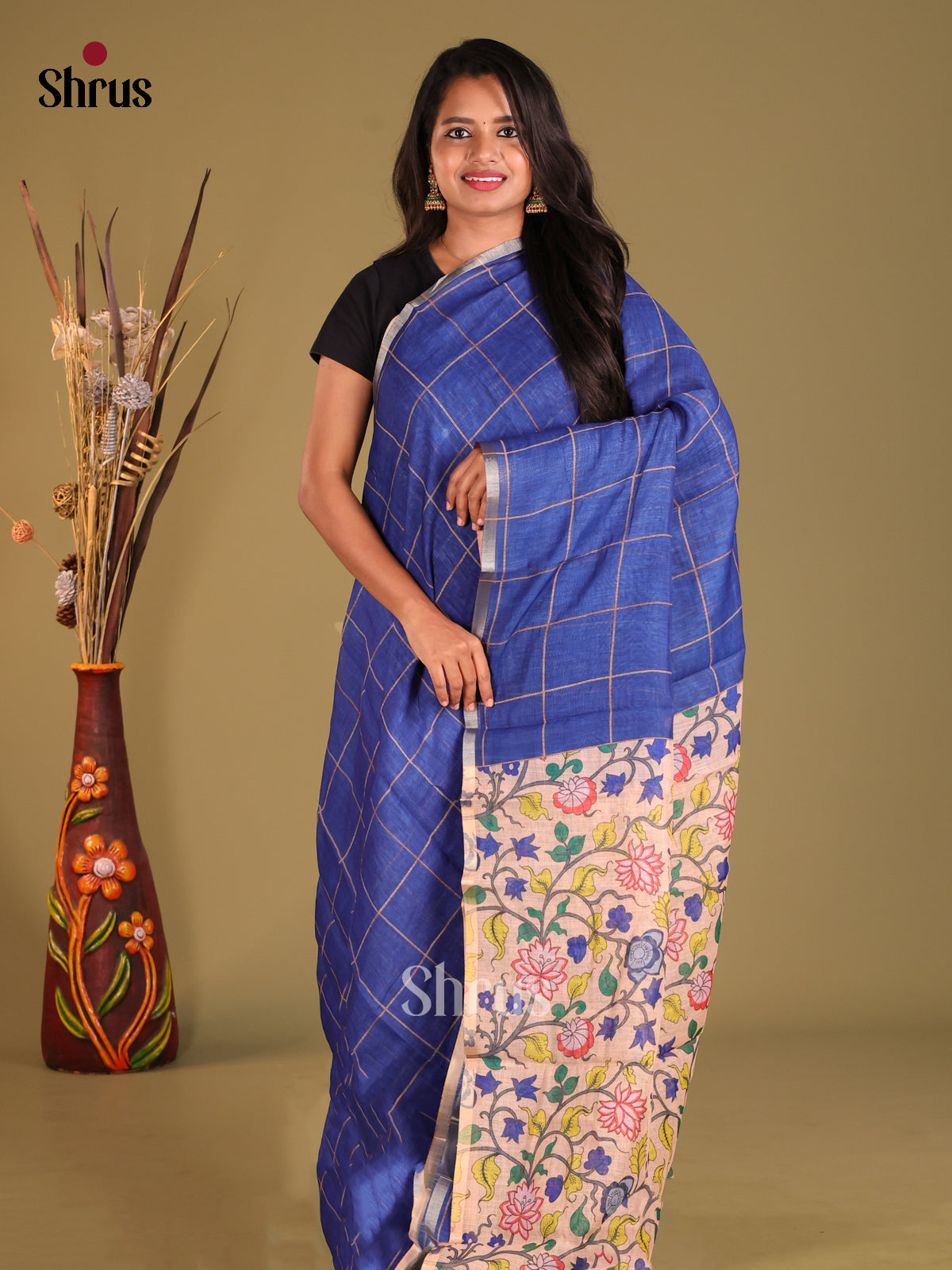 Blue & Cream- Linen Cotton Saree