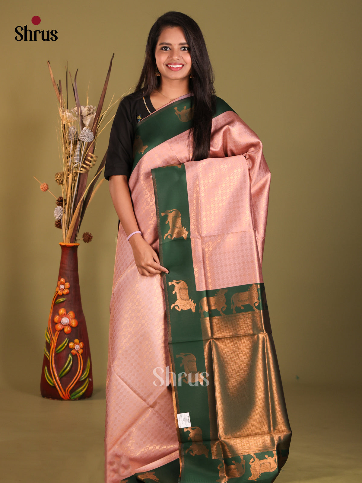 Dusty Pink & Green - Semi Softsilk Saree - Shop on Shrus.com