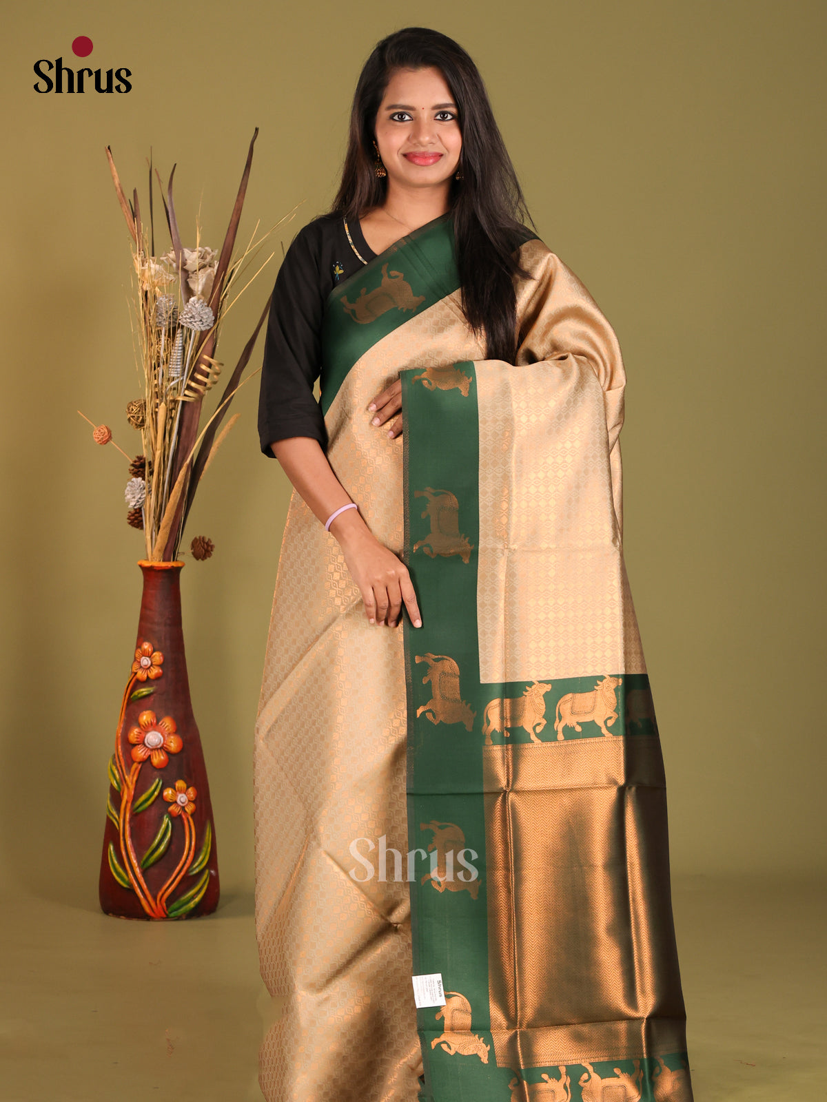 Cream & Green- Semi Softsilk Saree