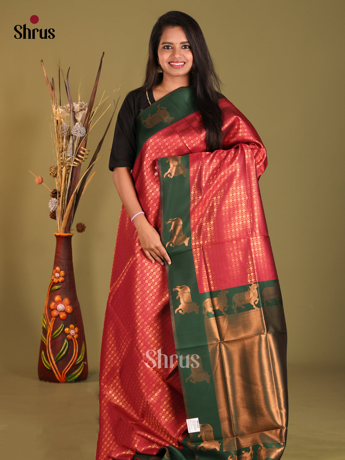 Maroon & Green - Semi Softsilk Saree - Shop on Shrus.com