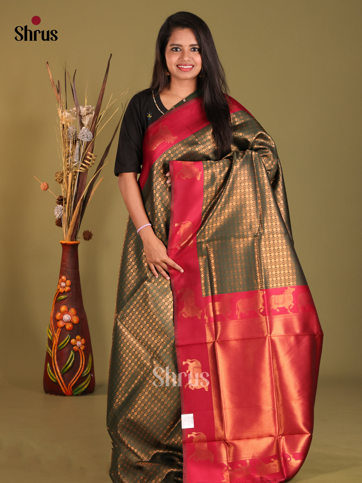 Green & Maroon - Semi Softsilk Saree - Shop on Shrus.com