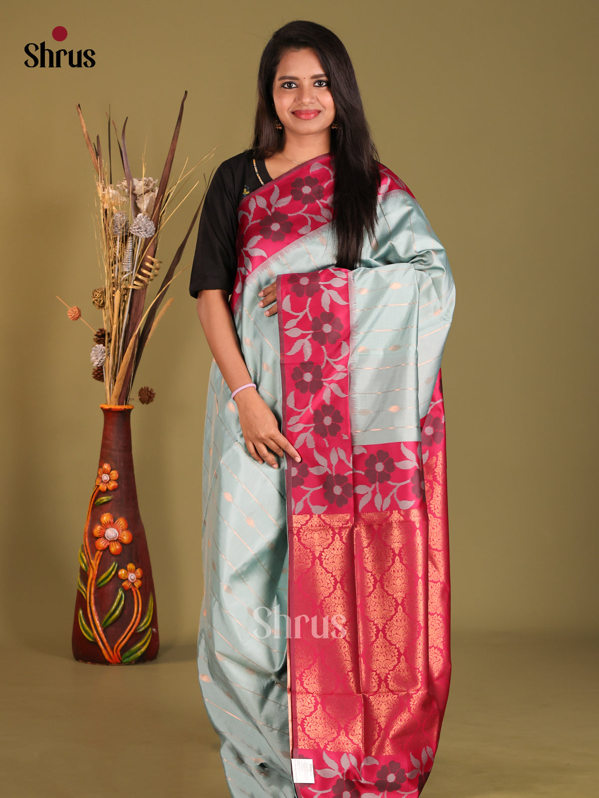 Pastel Blue & Maroon - Semi Softsilk Saree - Shop on Shrus.com
