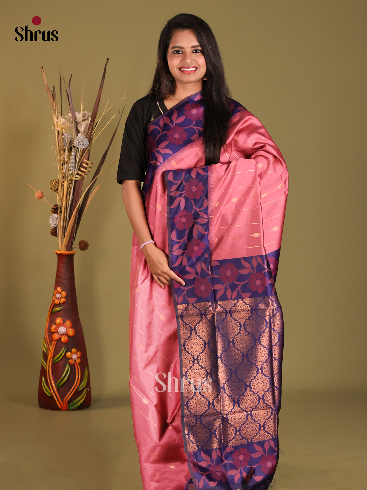 Pink & Blue - Semi Softsilk Saree - Shop on Shrus.com