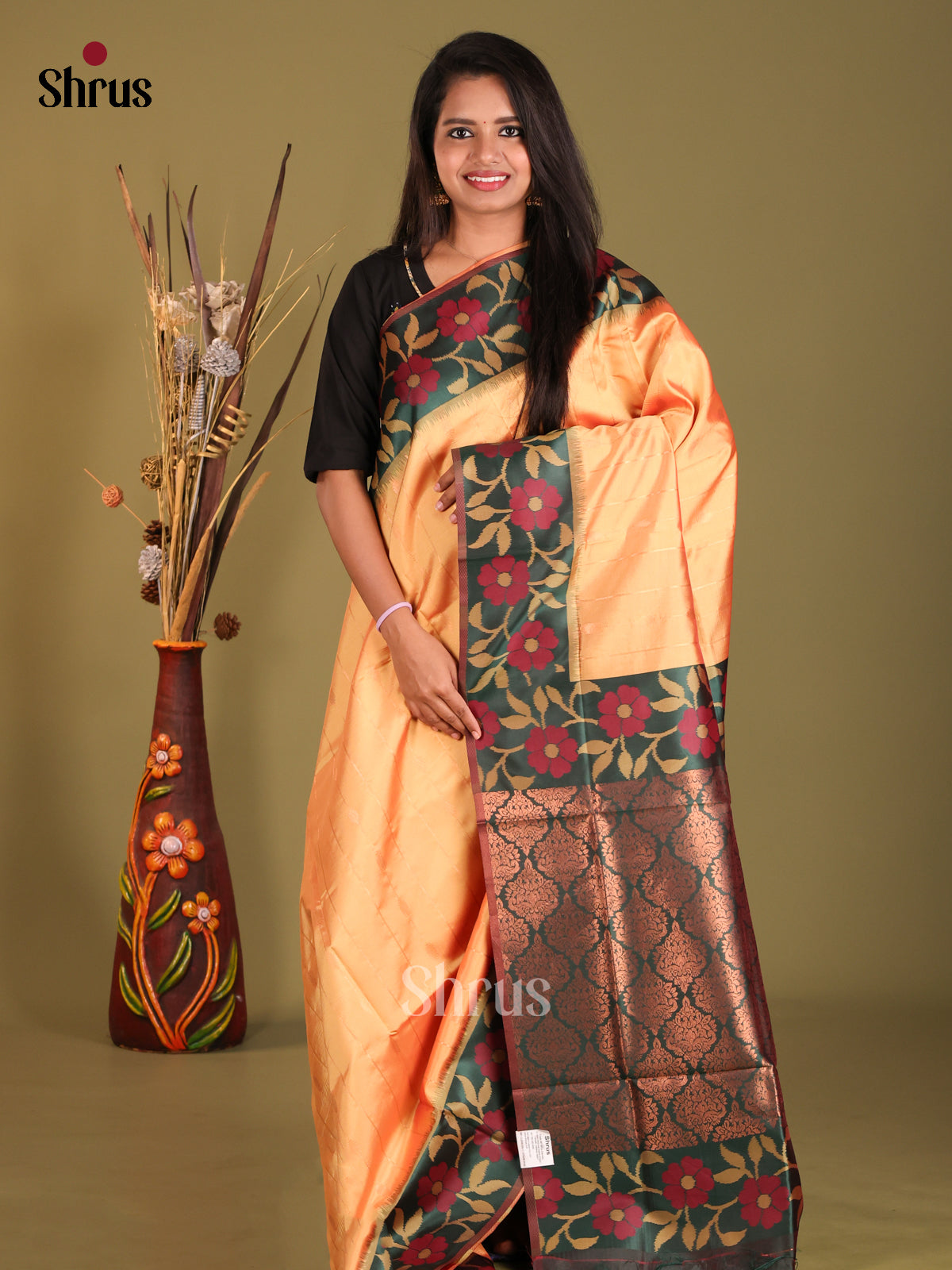 Peach & Green- Semi Softsilk Saree - Shop on Shrus.com