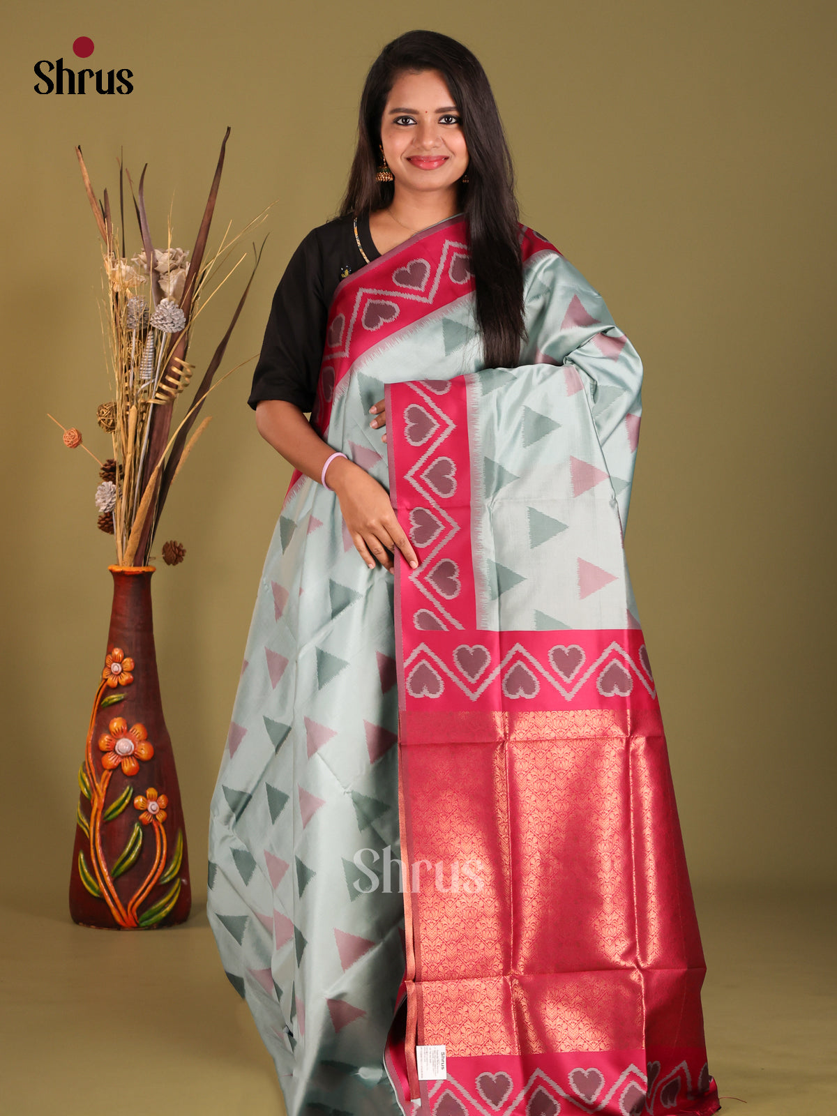 Pastel Blue & maroon - Semi Softsilk Saree - Shop on Shrus.com