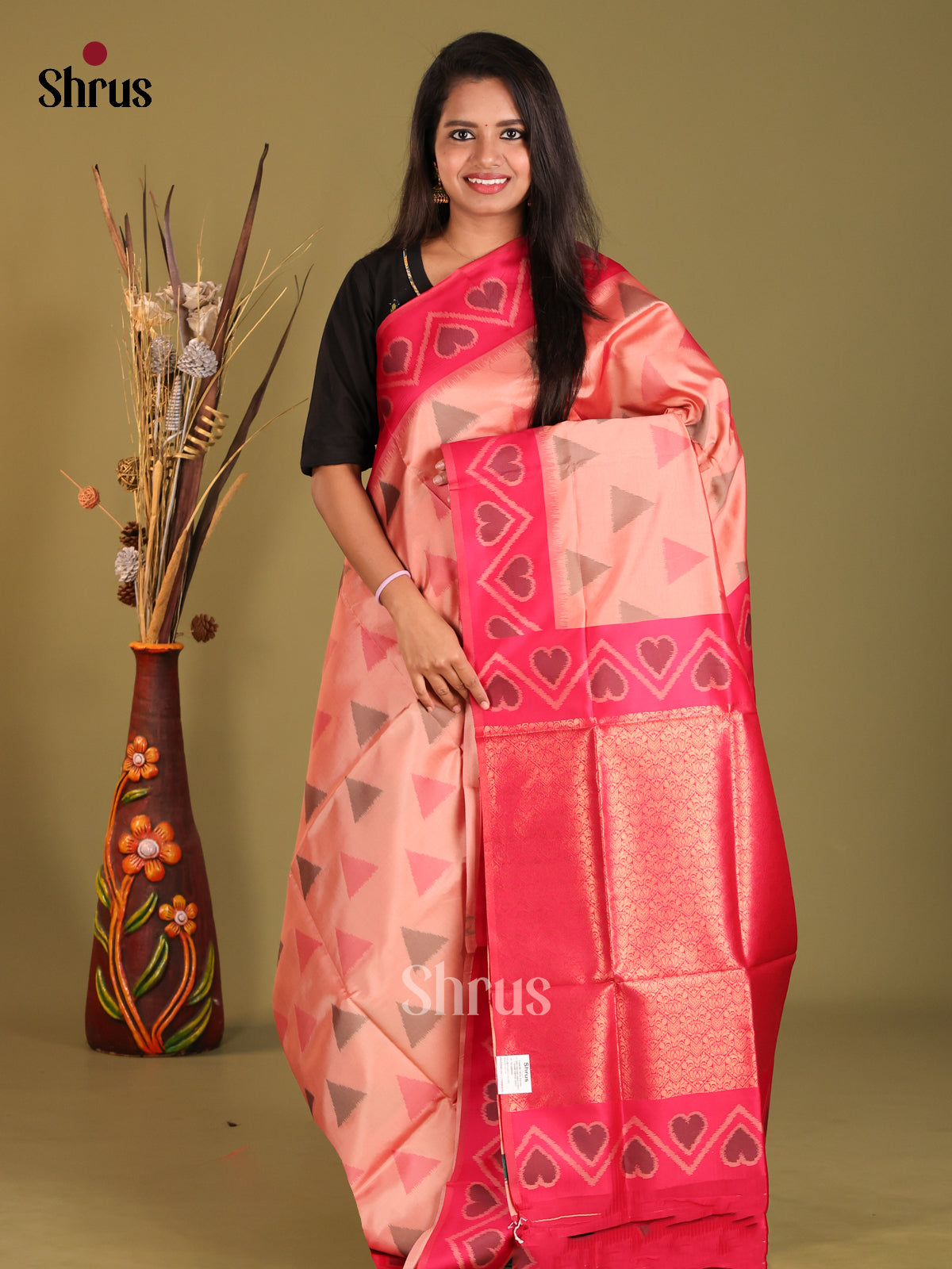 Peach & Pink - Semi Softsilk Saree - Shop on Shrus.com