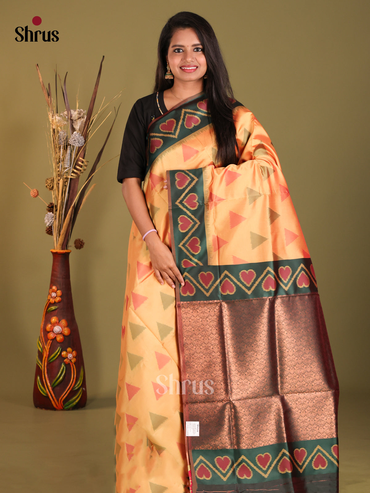 Peach & Green - Semi Softsilk Saree - Shop on Shrus.com