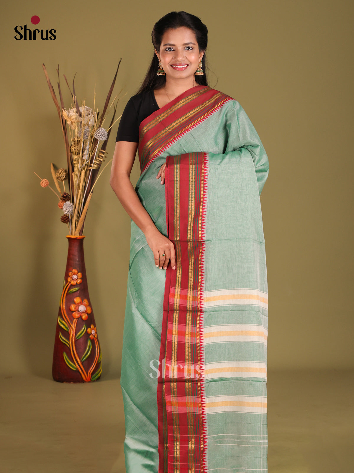 Pastel Green & Maroon- Narayanpet Cotton Saree