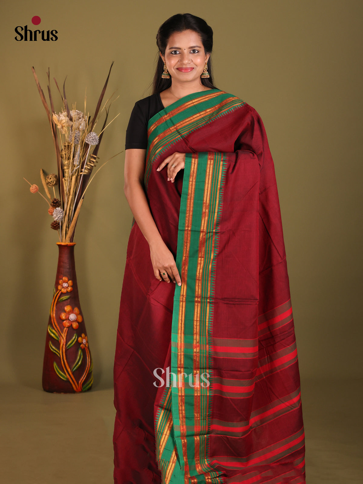 Maroon & Green - Narayanpet Cotton Saree