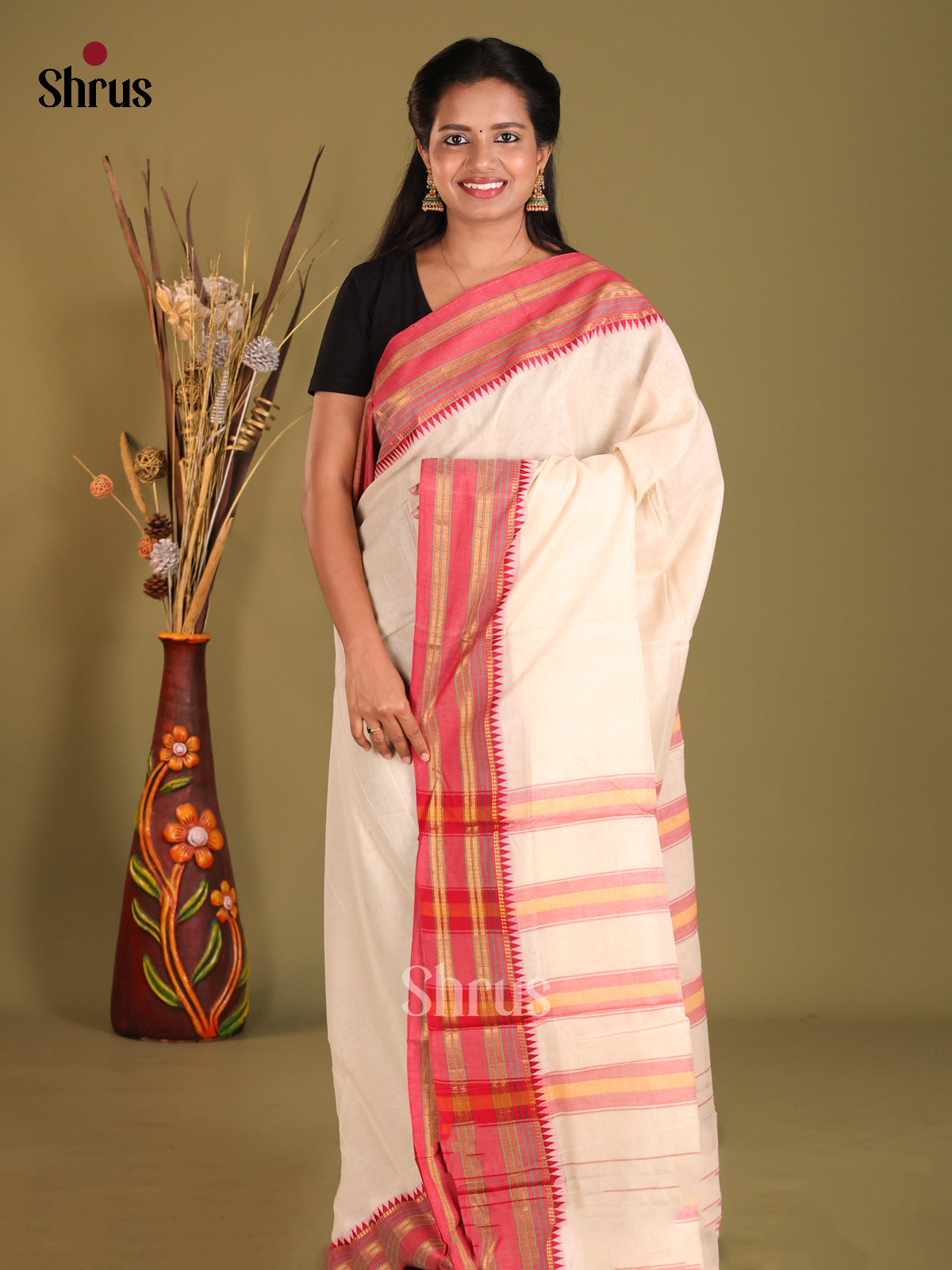 Cream & Red - Narayanpet Cotton Saree