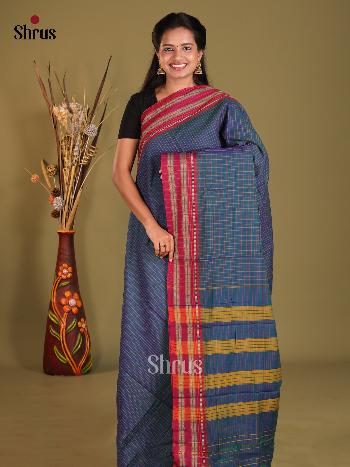Blue & Red- Narayanpet Cotton Saree
