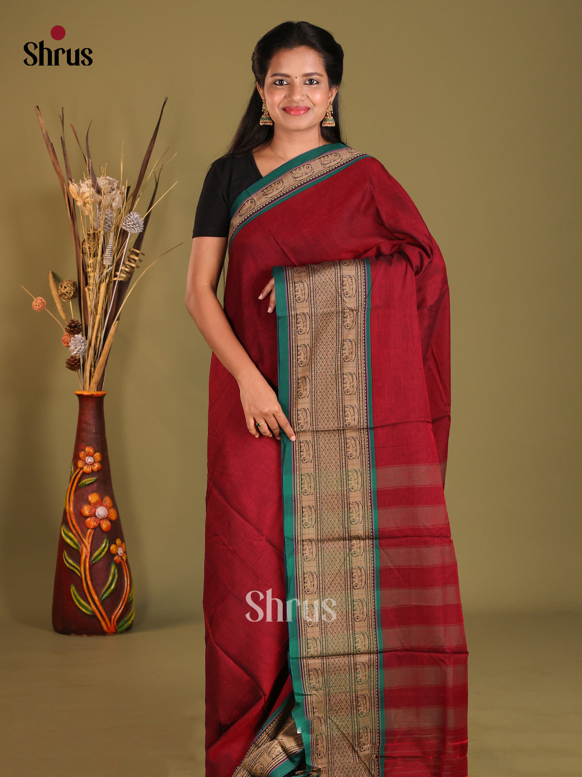 Maroon & Green - Narayanpet Cotton Saree