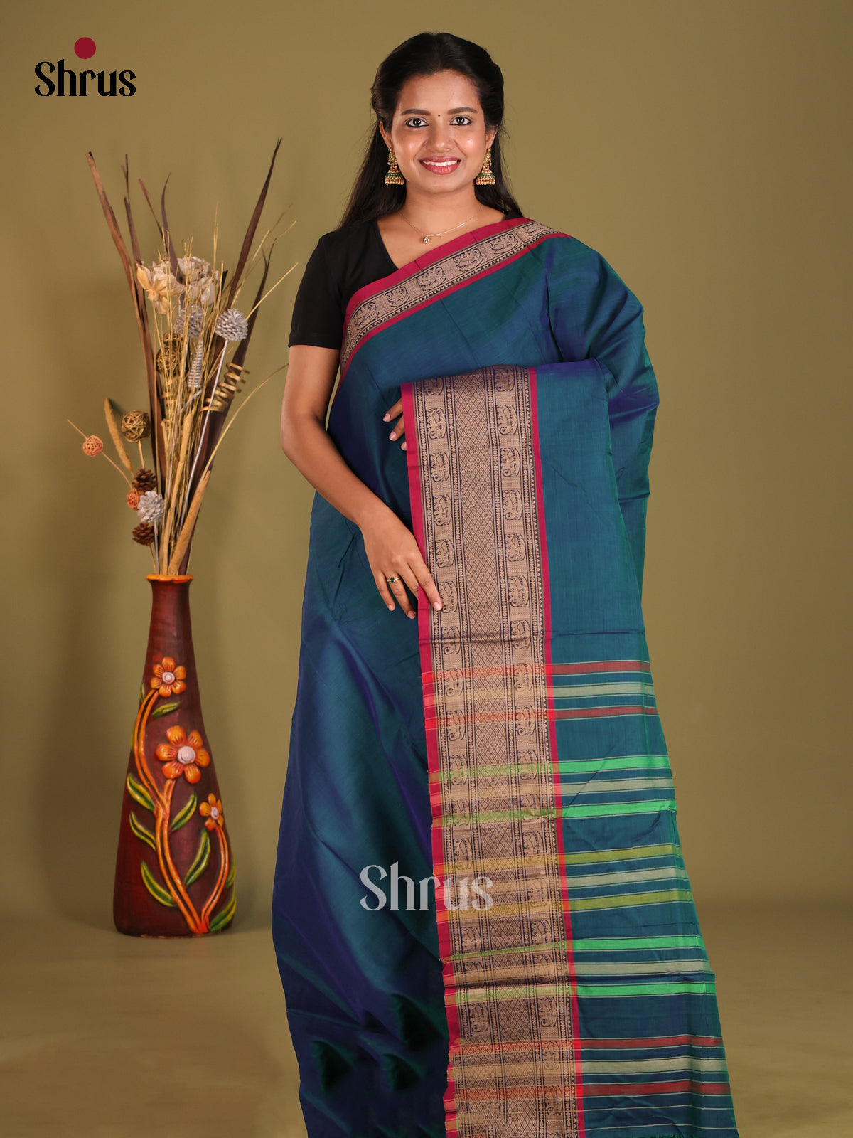 Peacock Blue & Red - Narayanpet Cotton Saree
