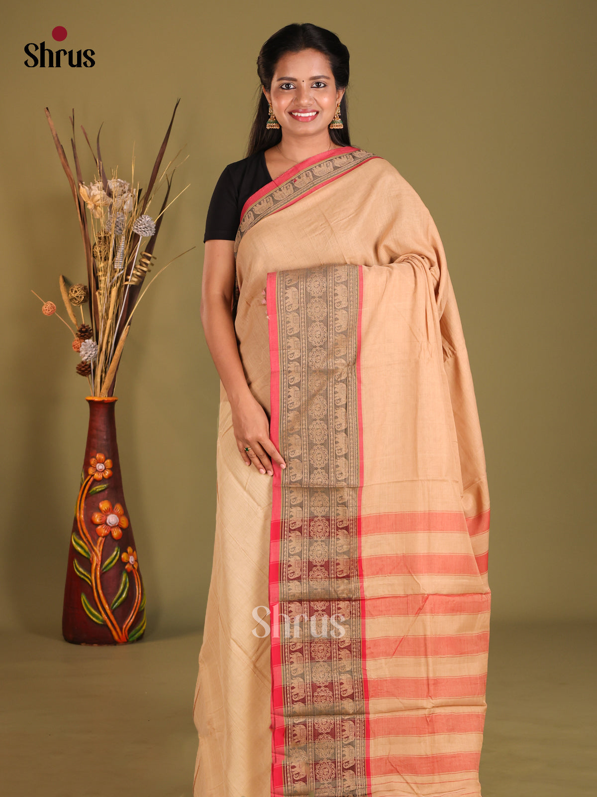 Peach & Red - Narayanpet Cotton Saree