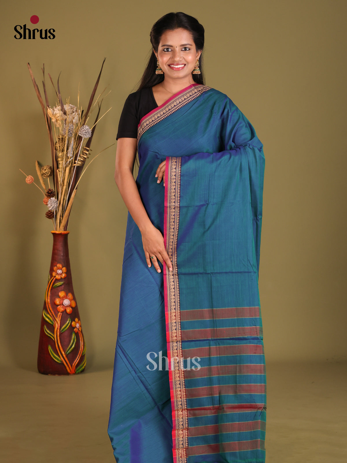 Peacock Blue & Red - Narayanpet Cotton Saree