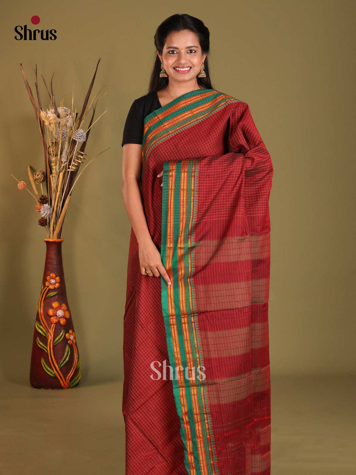 Maroon & Green - Narayanpet Cotton Saree