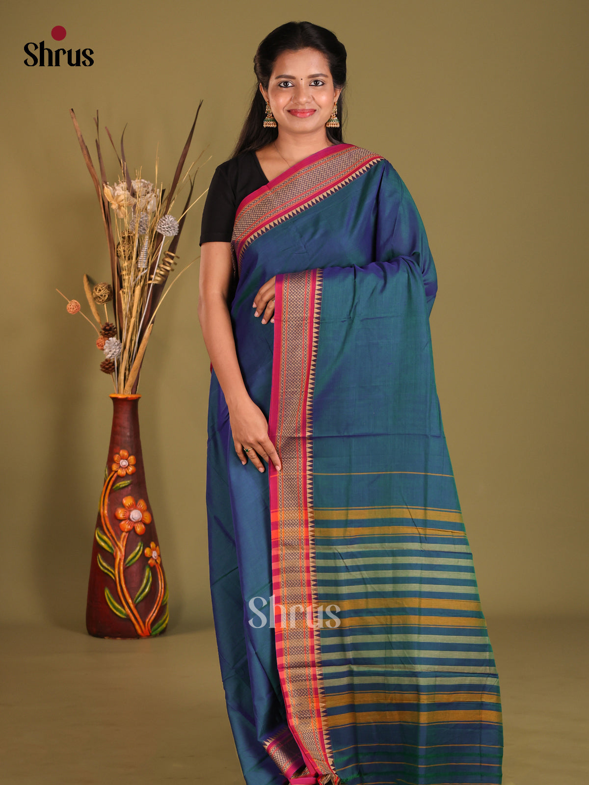 Peacock Blue & Red - Narayanpet Cotton Saree