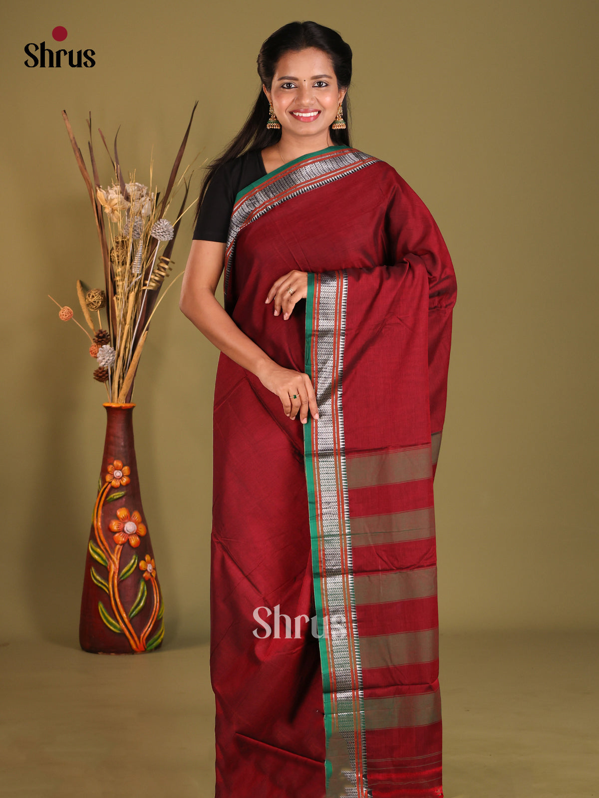 Maroon & Green - Narayanpet Cotton Saree