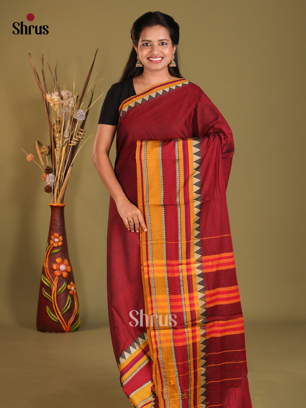 Maroon & Mustard - Narayanpet Cotton Saree