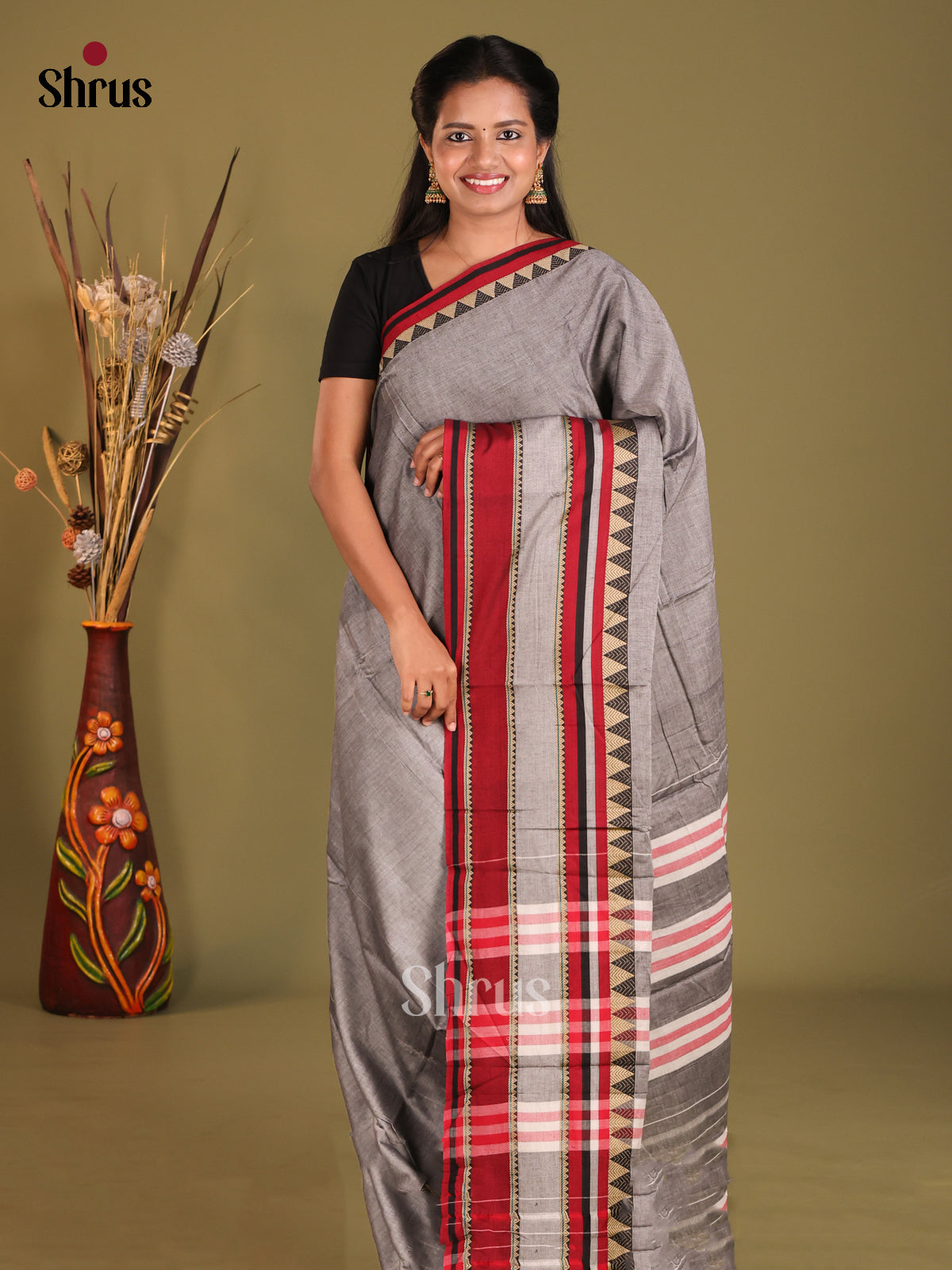 Grey & Maroon - Narayanpet Cotton Saree