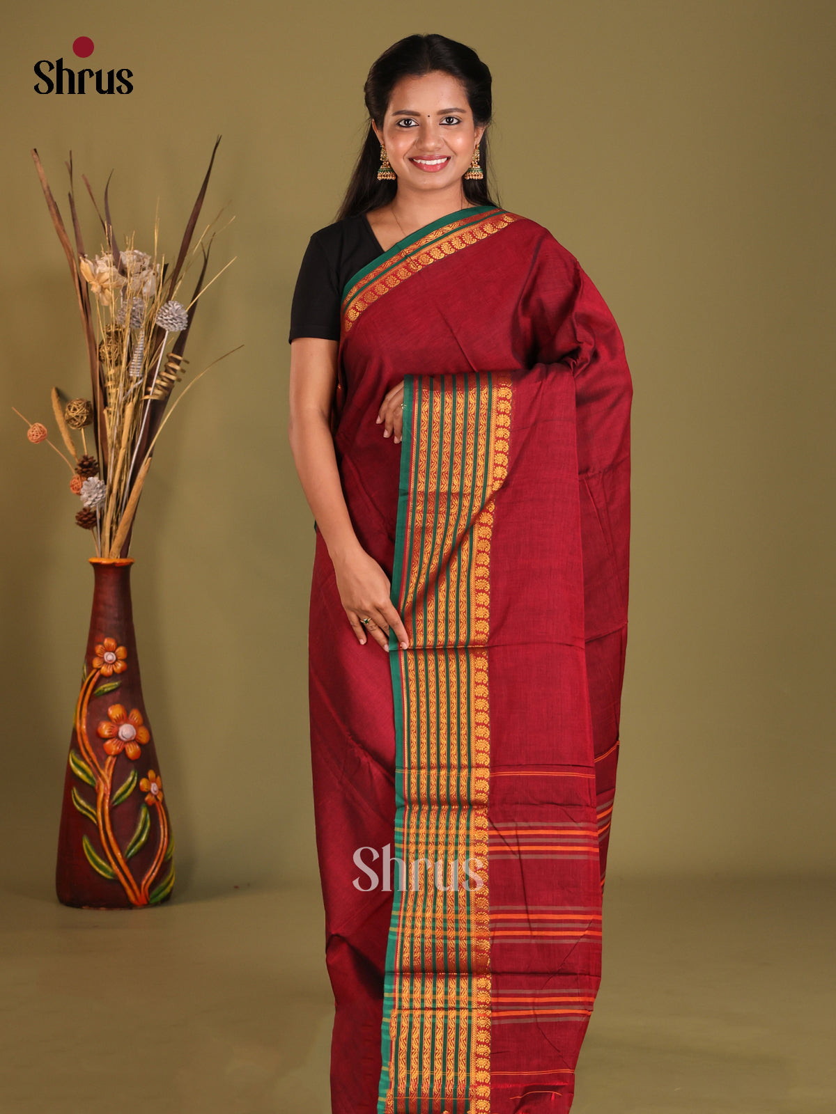 Maroon & Green - Narayanpet Cotton Saree