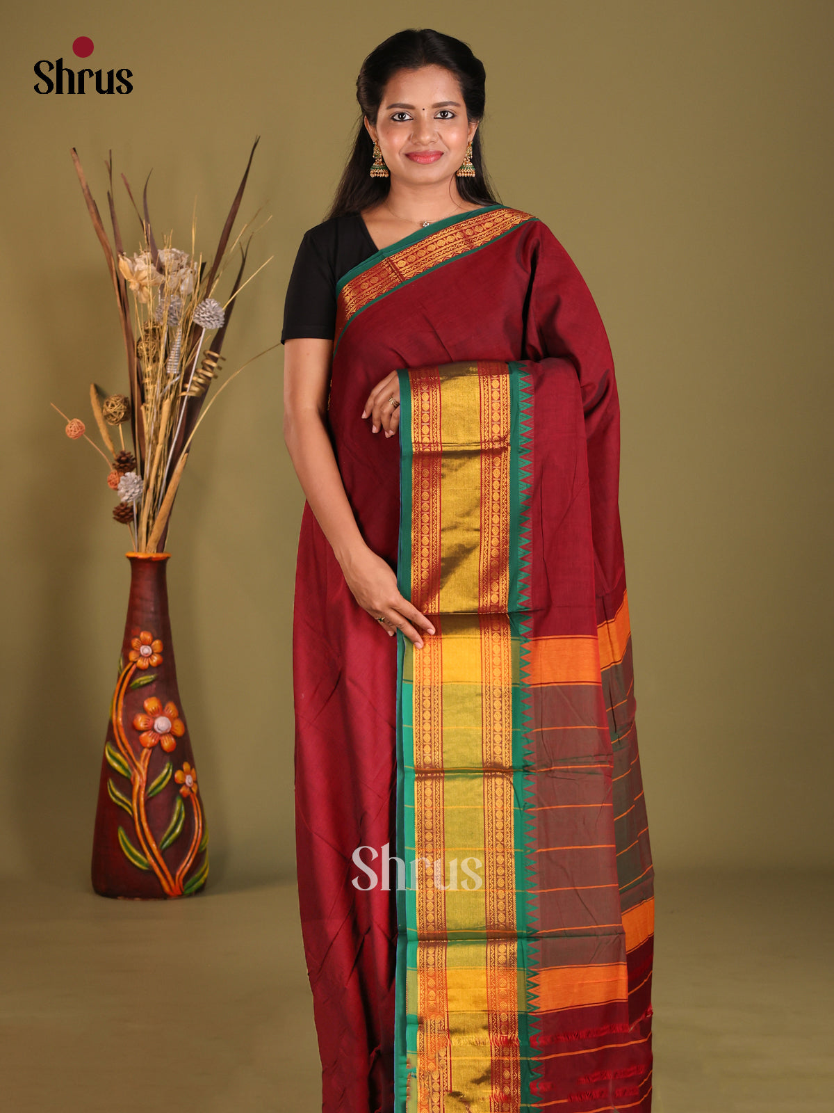 Maroon & Green - Narayanpet Cotton Saree