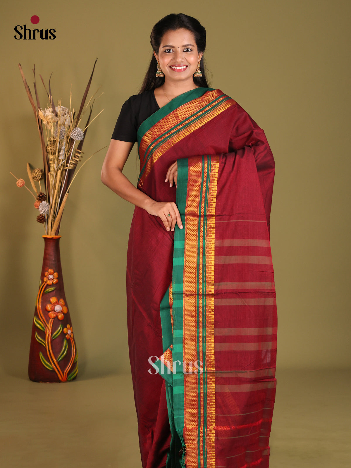 Maroon & Green - Narayanpet Cotton Saree