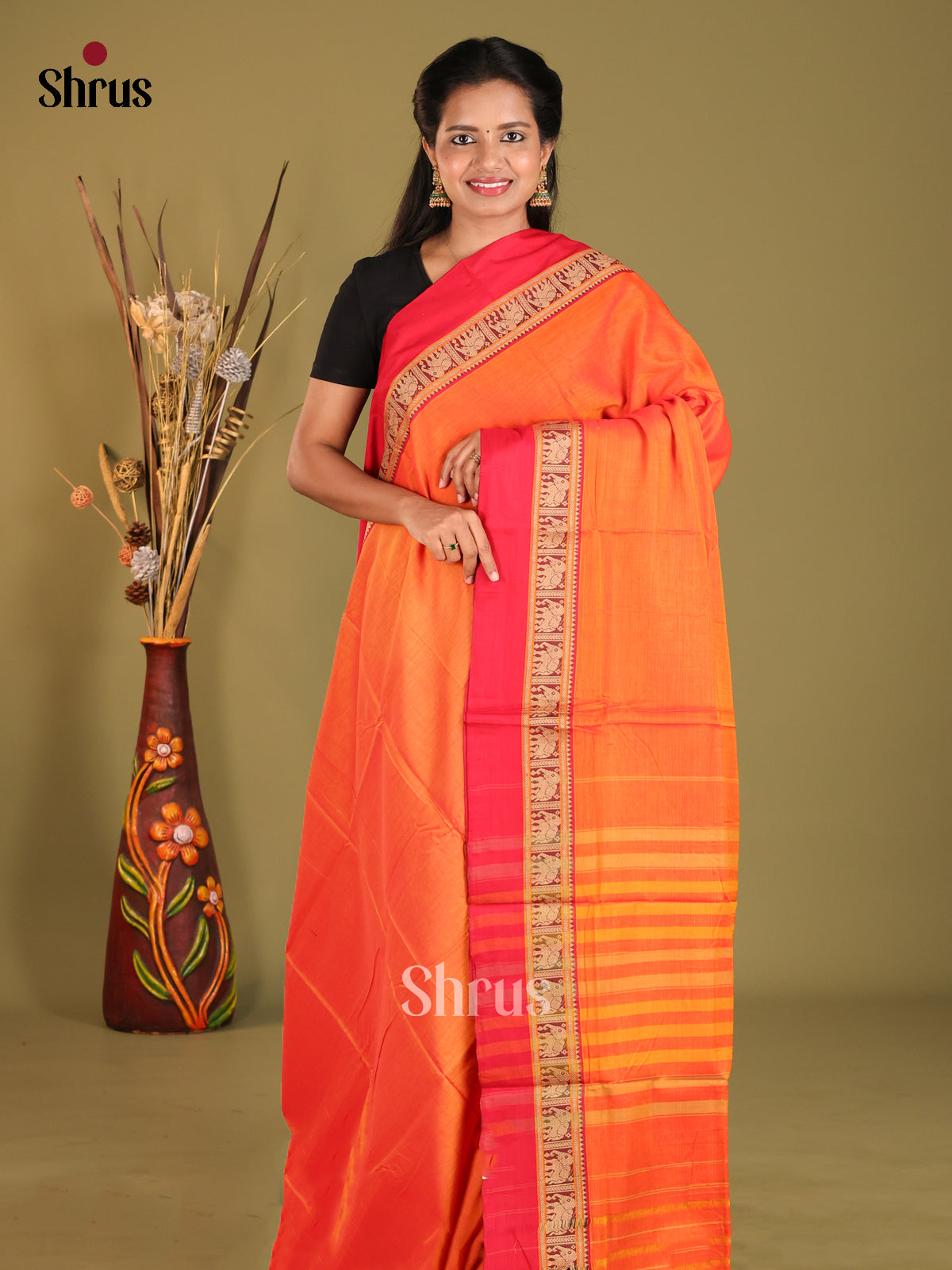 Orange & Red - Narayanpet Cotton Saree