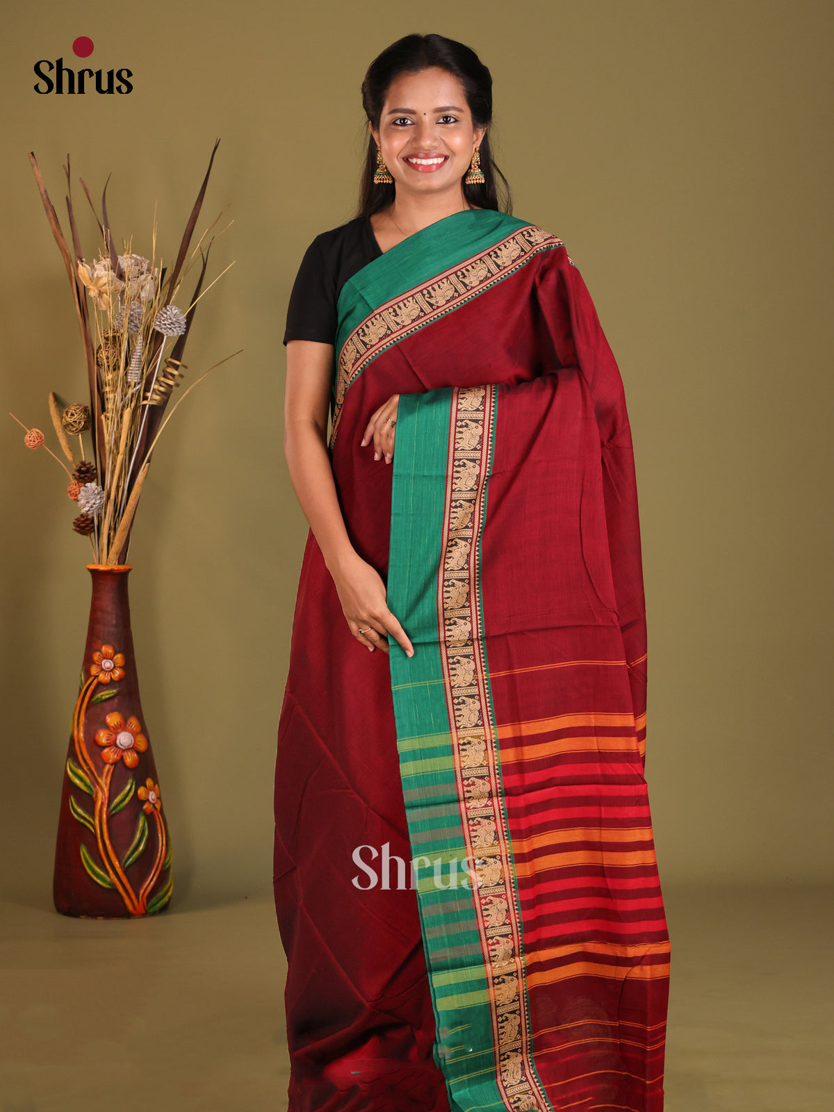 Maroon & Green - Narayanpet Cotton Saree