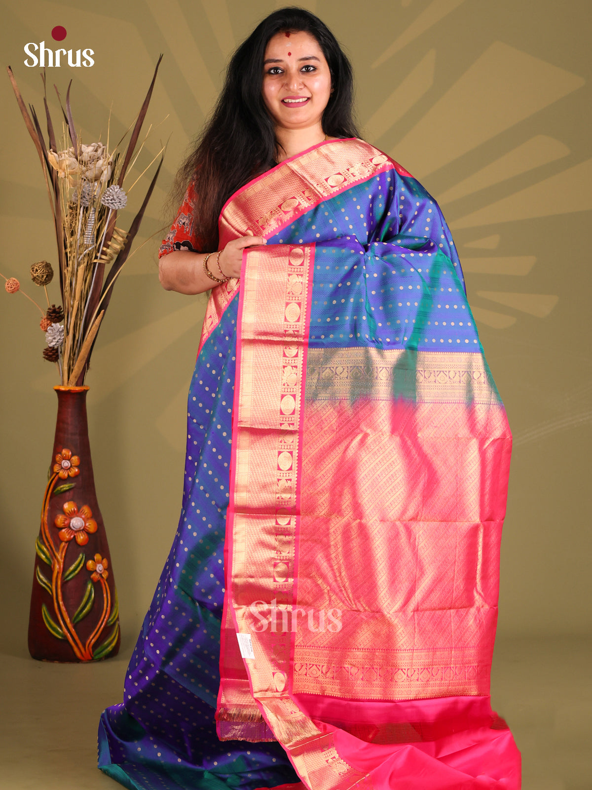 Gorgeous Peacock Blue Kanchipuram silk Saree with peacock , floral buttas pink border-1