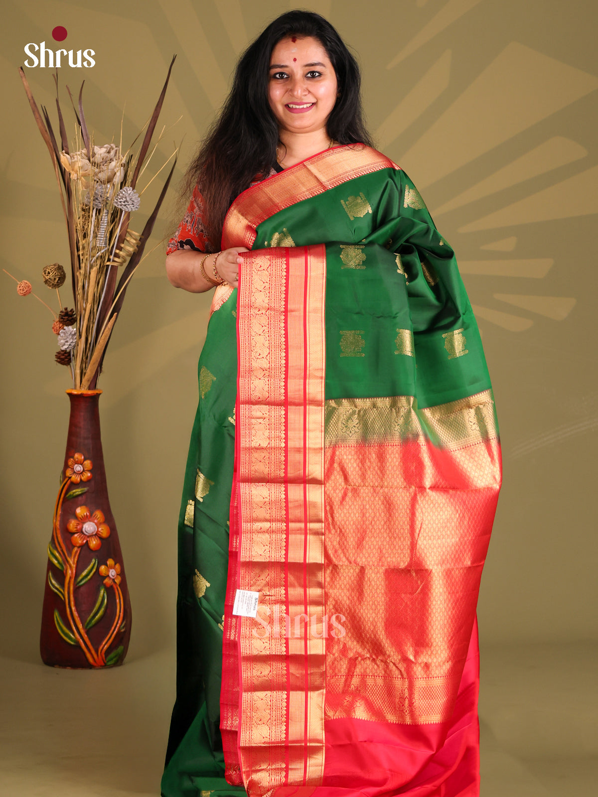 Classy Green and Red Kanchipuram silk Saree with contrast Red Zari Border-1