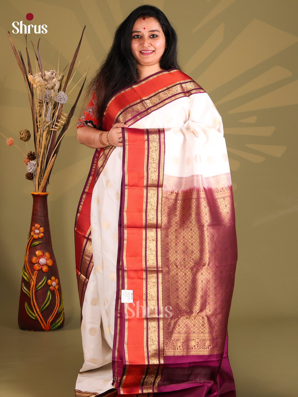 White & Purple Kanchipuram silk Saree with rich zari border-1