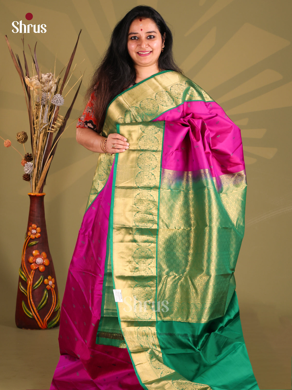 Purple & Green Kanchipuram silk Saree with thread woven buttas , rich border-1